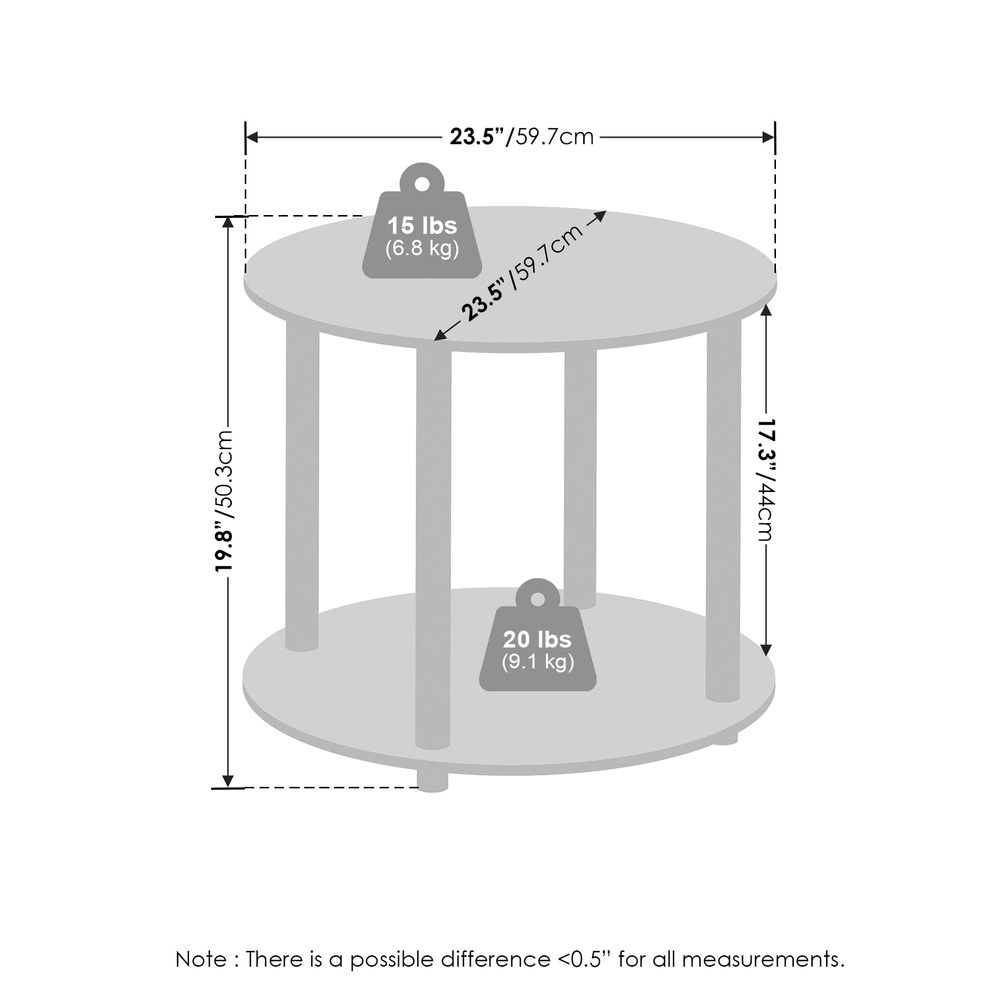Furinno Turn-N-Tube Simple Design 2-Tier Round Wooden Side End Table, Marble White