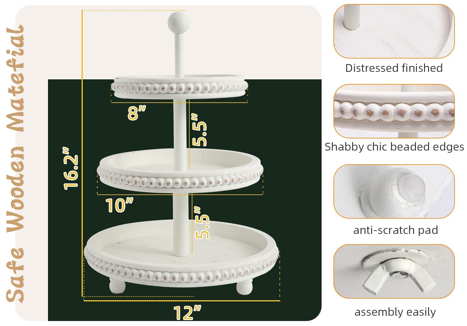 SwallowLiving Farmhouse 3 Tier Tray - White Wooden Stand, 12.4"x12.4"x16.5" for Home & Kitchen Decor