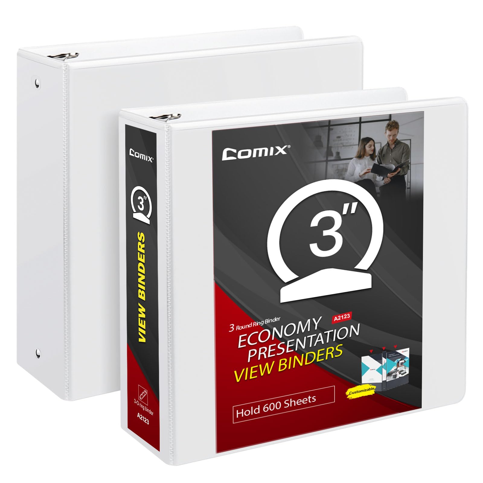 Comix Sturdy Round Ring Binder 3 Inch With Clear View Cover, Holds 600 Sheets Of Us Letter Size Paper, 2 Pack (White)