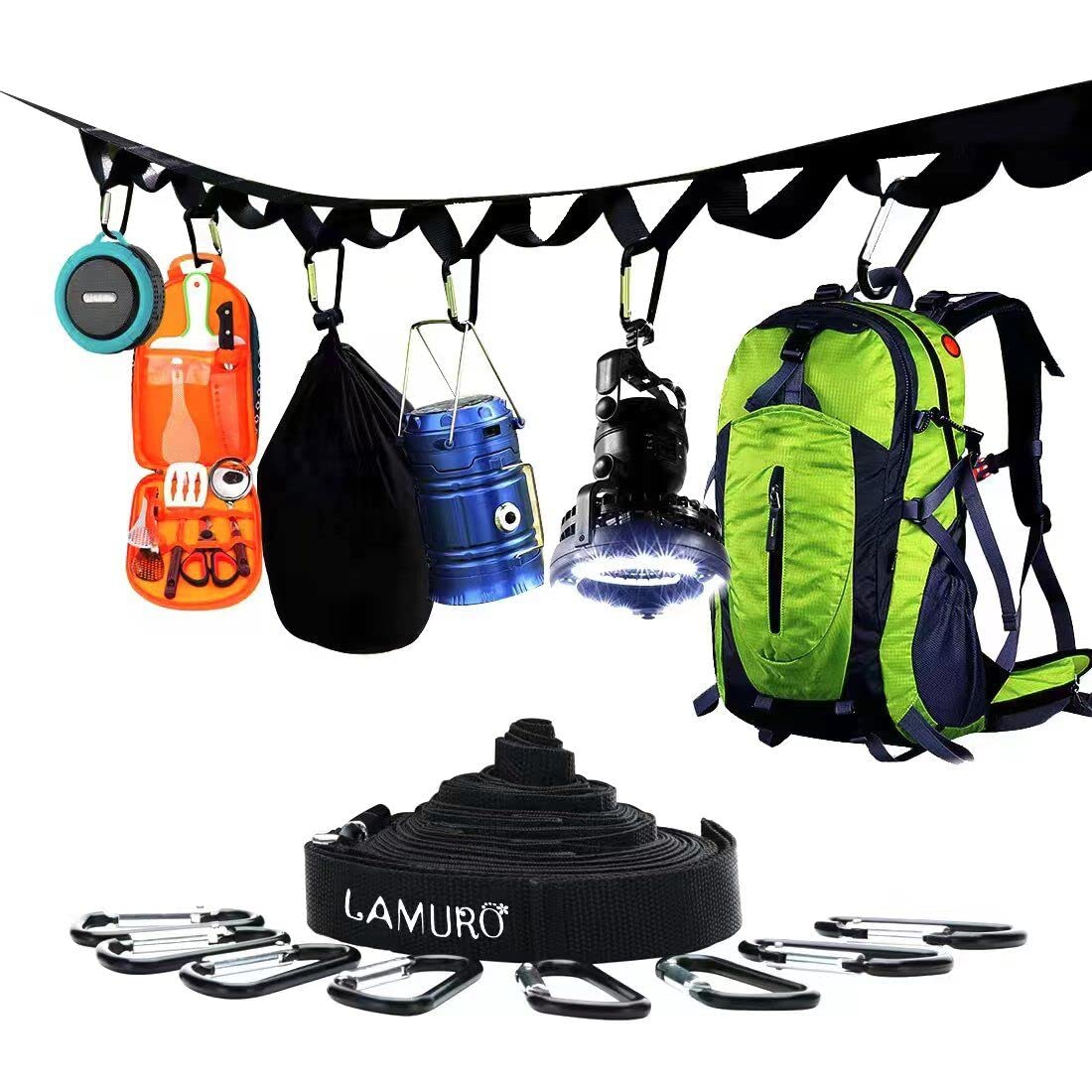 Lamuro Campsite Or Garden Supplies Storage Strap With 8 Hooks | Hanging Your Camping Gear From A Tree | Vertical Or Horizontal O