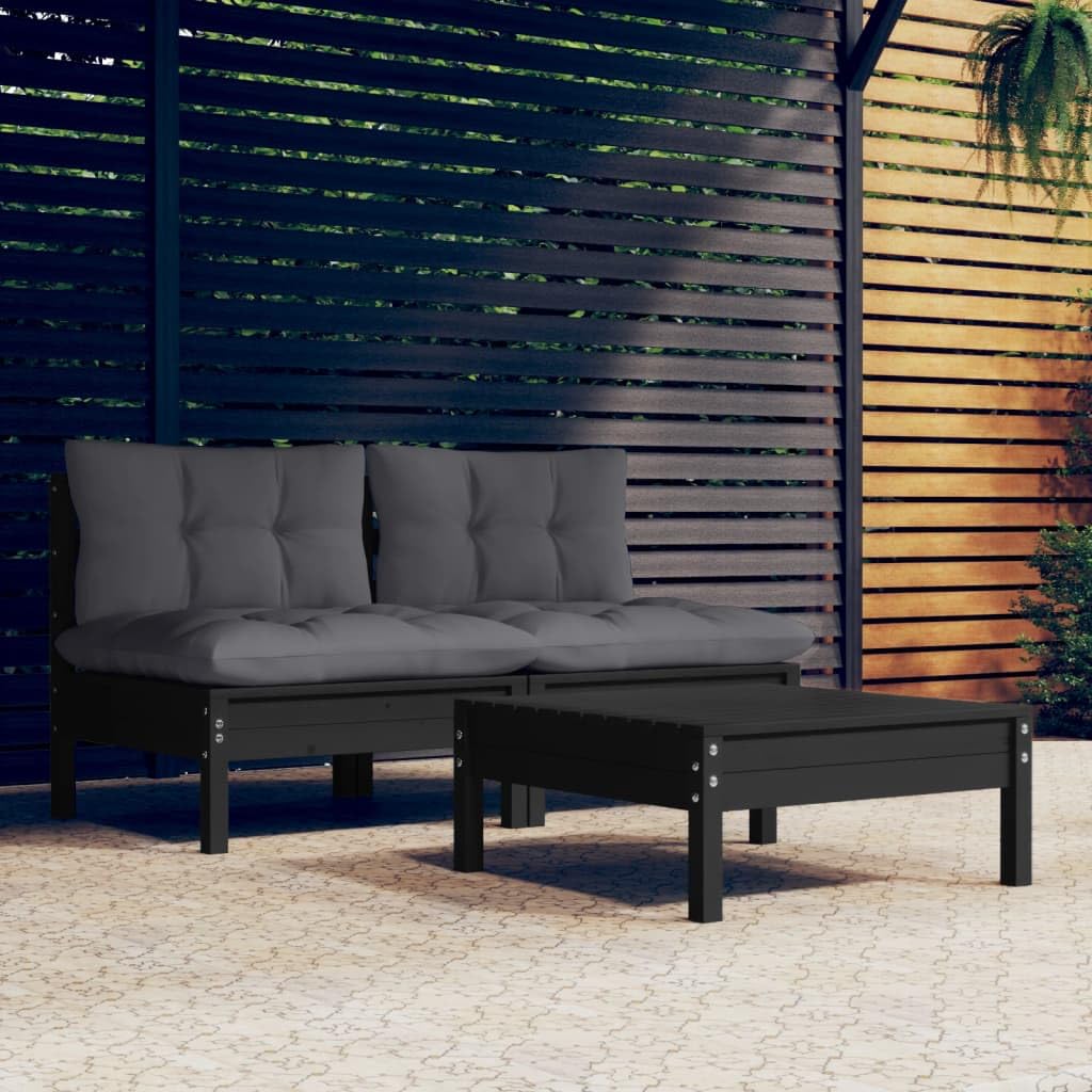 vidaXL Solid Pinewood Patio Lounge Set 3 Piece with Anthracite Cushions Garden Outdoor Lawn Yard Terrace Balcony Wooden Seat Seating Furniture