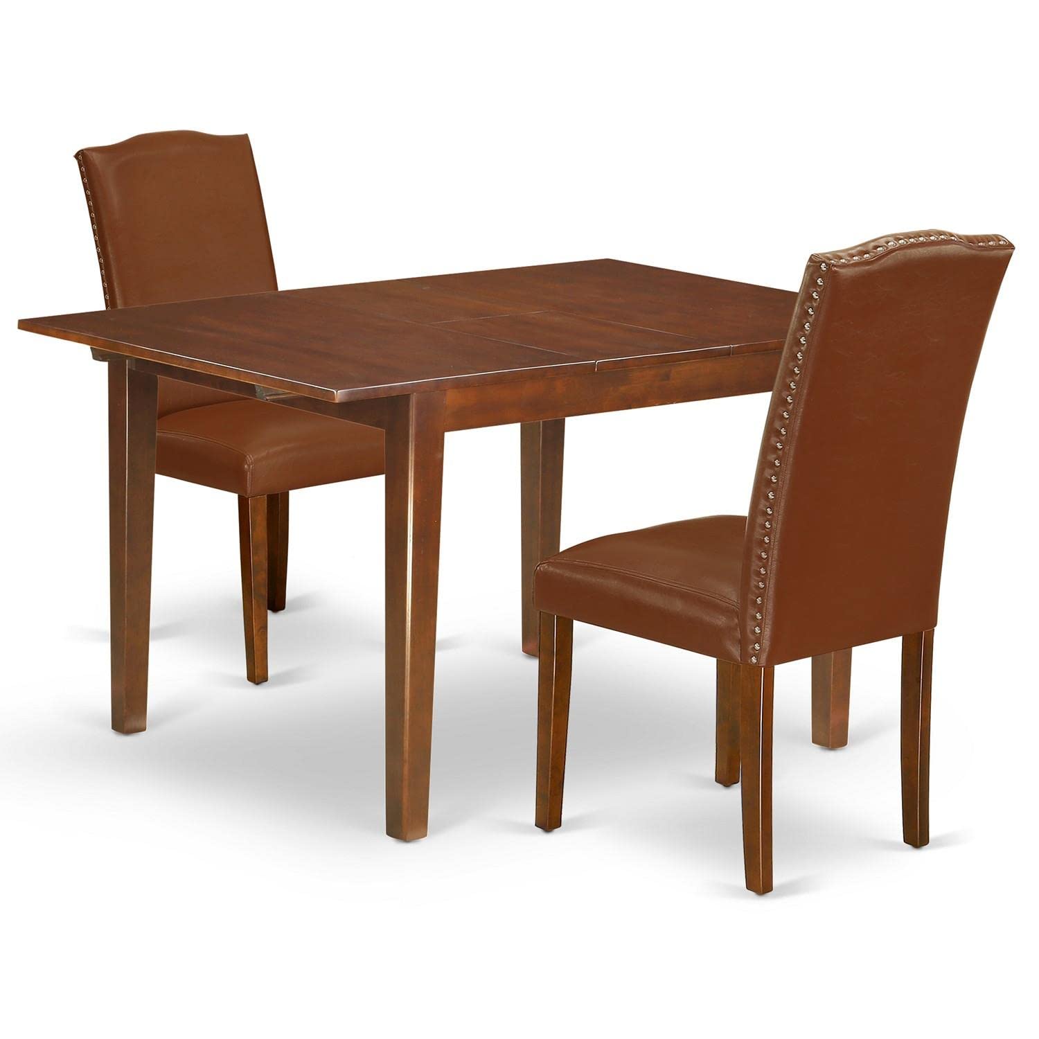 East West Furniture Mlen3-Mah-66 3 Piece Dining Set Contains A Rectangle Dining Room Table With Butterfly Leaf And 2 Brown Faux Faux Leather Upholstered Chairs, 36X54 Inch, Mahogany