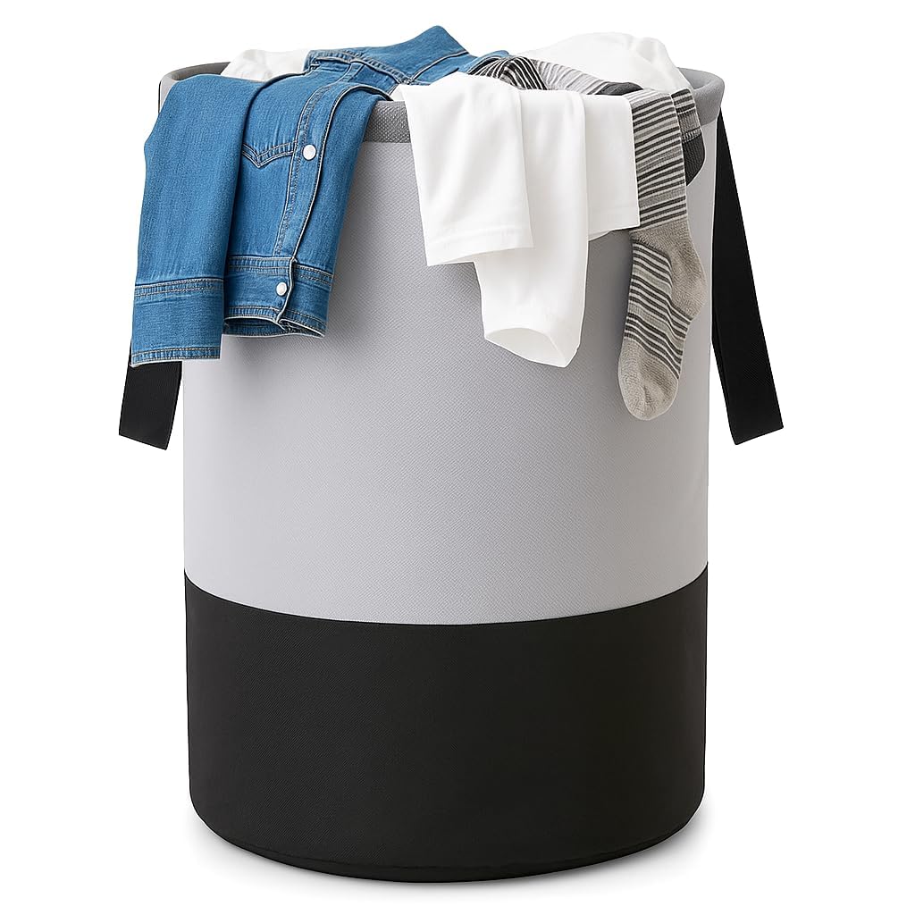Round Laundry Bag, Gray & Black Foldable Waterproof Storage Bag, 45 Liter Capacity, NonWoven Clothes & Toy Organizer, Pack of 1