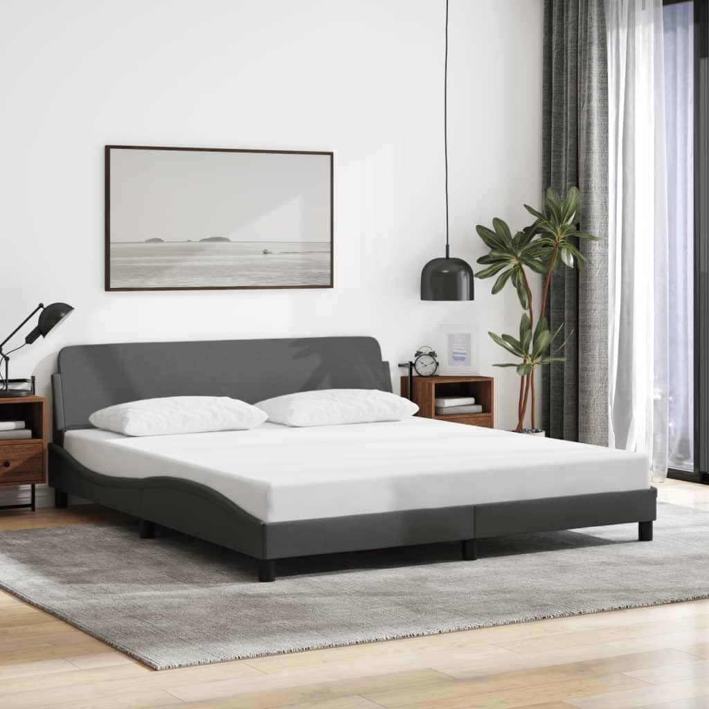 vidaXL Queen Bed Frame with Headboard - Dark Gray Fabric, Metal/Pine Wood Legs - Stylish Waved Sides - Bedroom Essential