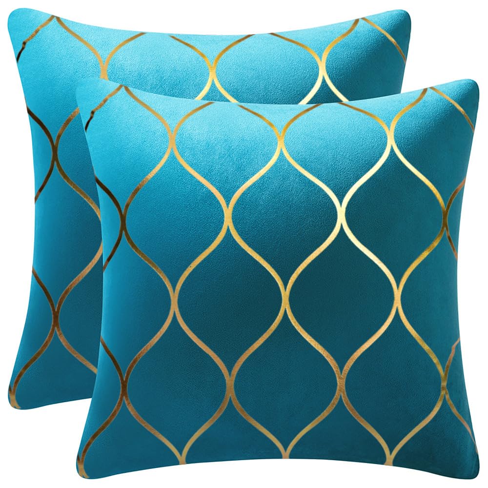 Dezene 18X18 Inch Gold Velvet Throw Pillow Covers: 2 Pack Square Decorative Pillow Cases For Bedroom Sofa Couch Living Room, Tur