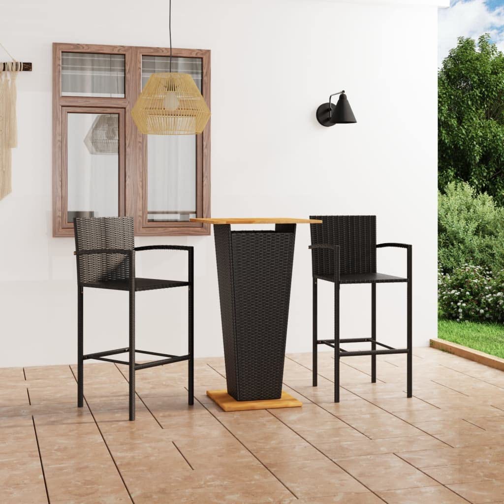 vidaXL Patio Bar Set 3 Piece Black - PE Rattan, Acacia Wood - Table and Stool Chair for Garden, Patio, Terrace - 23.6"x23.6"x43.3" Table Dimensions