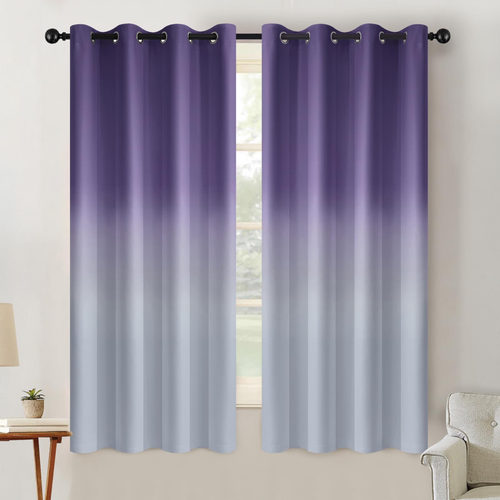 Yakamok Light Blocking Gradient Color Curtains Lavender Purple Ombre Blackout Curtains Room Darkening Grommet Window Drapes For
