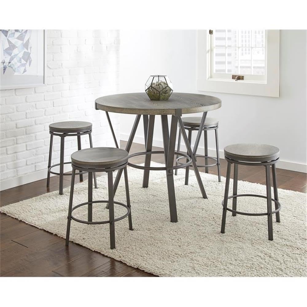 Steve Silver Furniture Portland 5pc Counter Table Set, 42&quot; Table w/ 4 Counter Height Stool, Dining Room, Ash Veneers and Iron Base and Legs, 42&quot; L x 42&quot; W x 36&quot; H, Grey