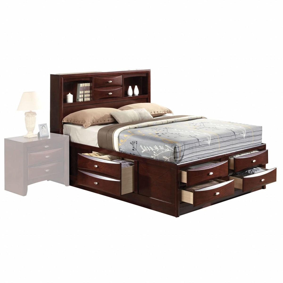 HomeRoots Wood, Veneer (Wood), Composite Wood Espresso Multi-Drawer Wood Platform Full Bed with Pull Out Tray