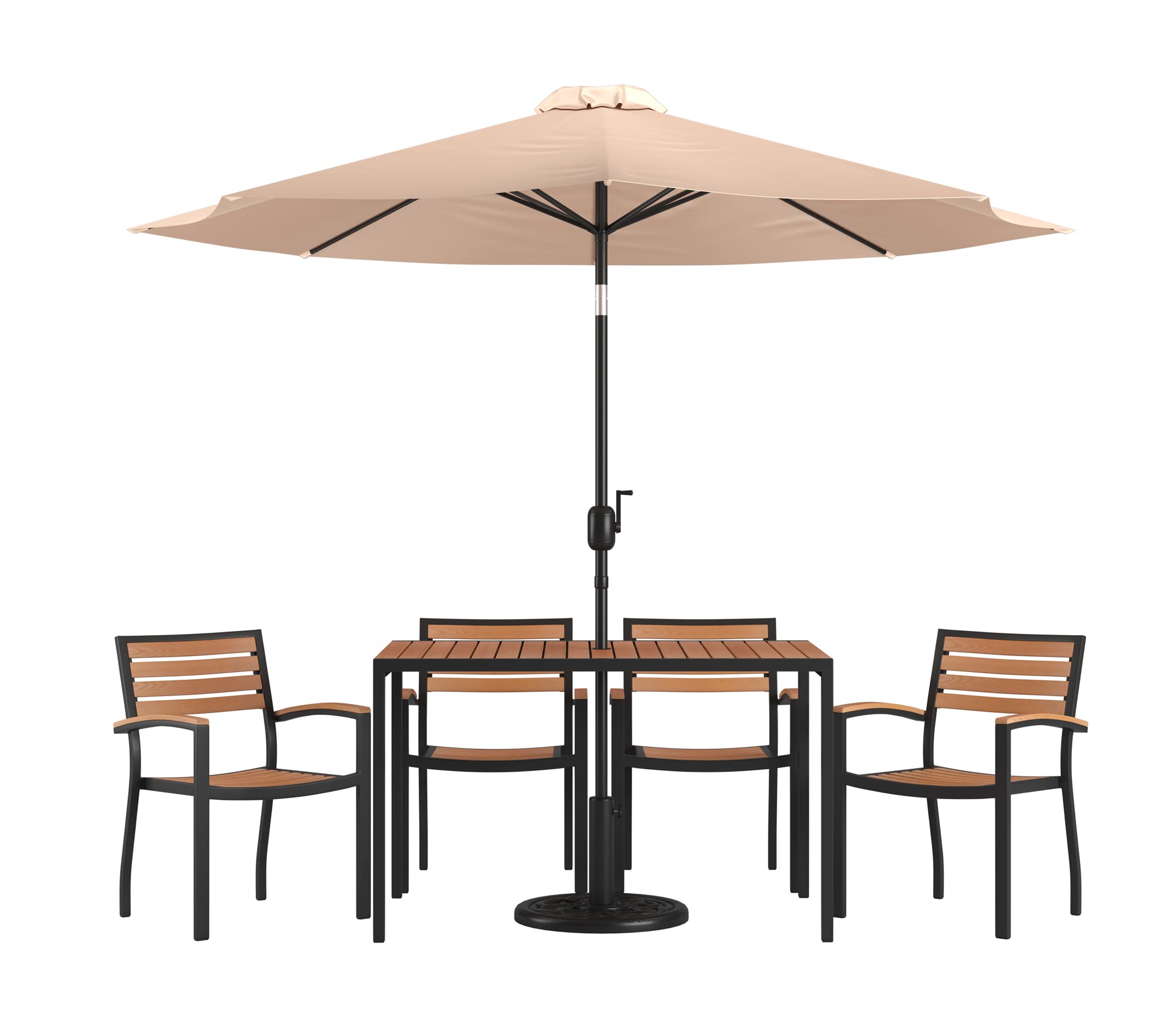 Flash Furniture Lark 7 Piece Outdoor Patio Dining Table Set - 4 Synthetic Teak Stackable Chairs with Arms - 30" x 48" Table - Tan Umbrella with Base