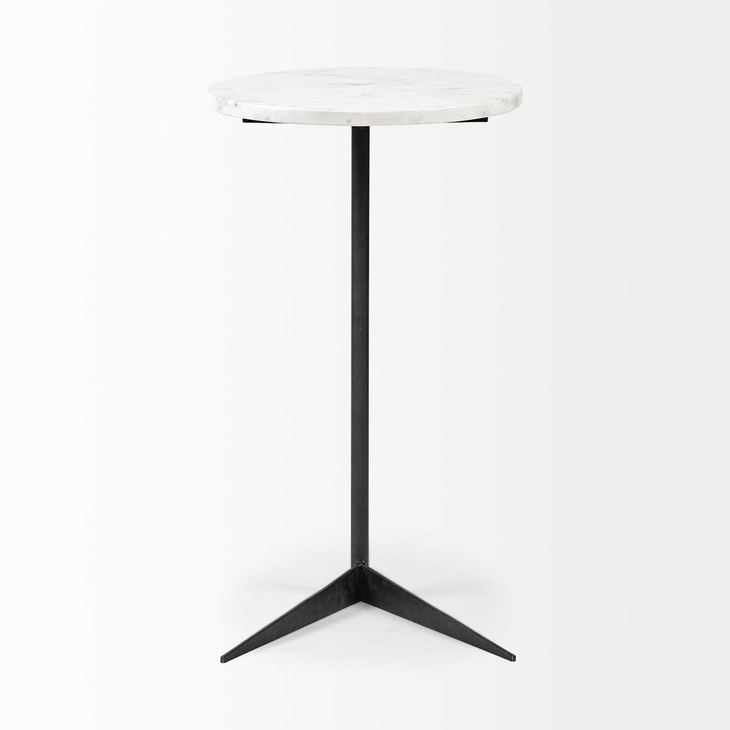 HomeRoots White Marble Round Top Accent Table with Black Iron Base