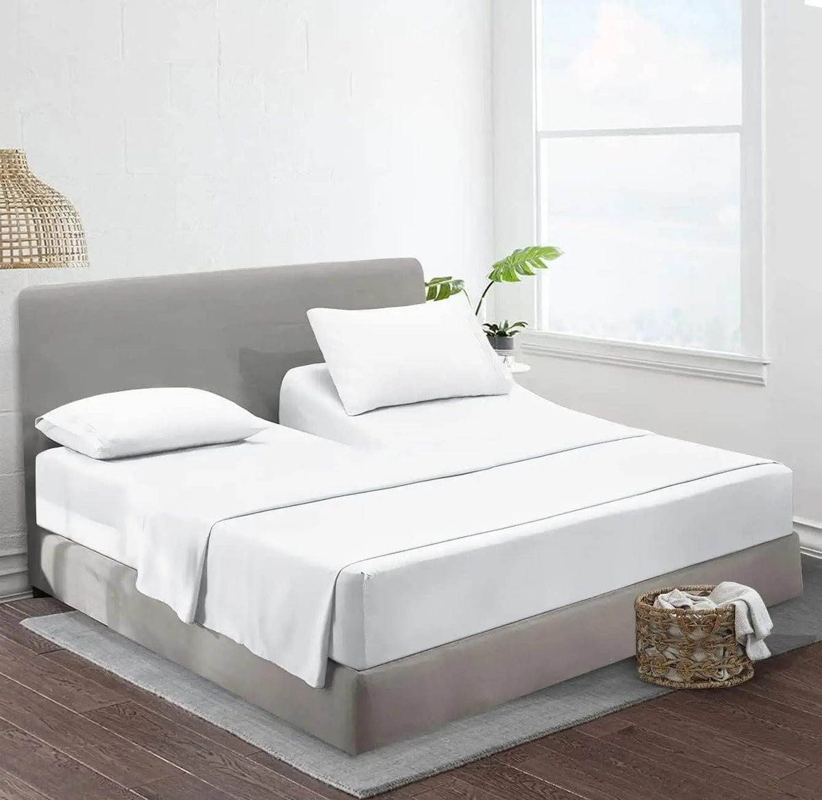 Flex Head King Sheets Sets For Adjustable Beds-Top Split King Sheets Sets (4 Pcs) King 34 Inch Down Sheets White 15-18 Inch Deep