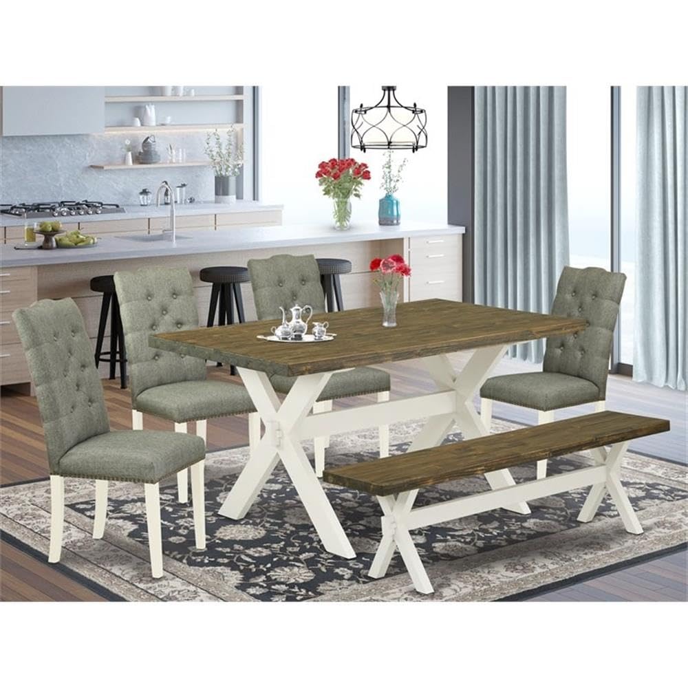 East West Furniture X076El207-6 6 Piece Kitchen Table & Chairs Set Contains A Rectangle Wooden Table And 4 Gray Linen Fabric Parson Chairs With A Bench, 36X60 Inch, Multi-Color