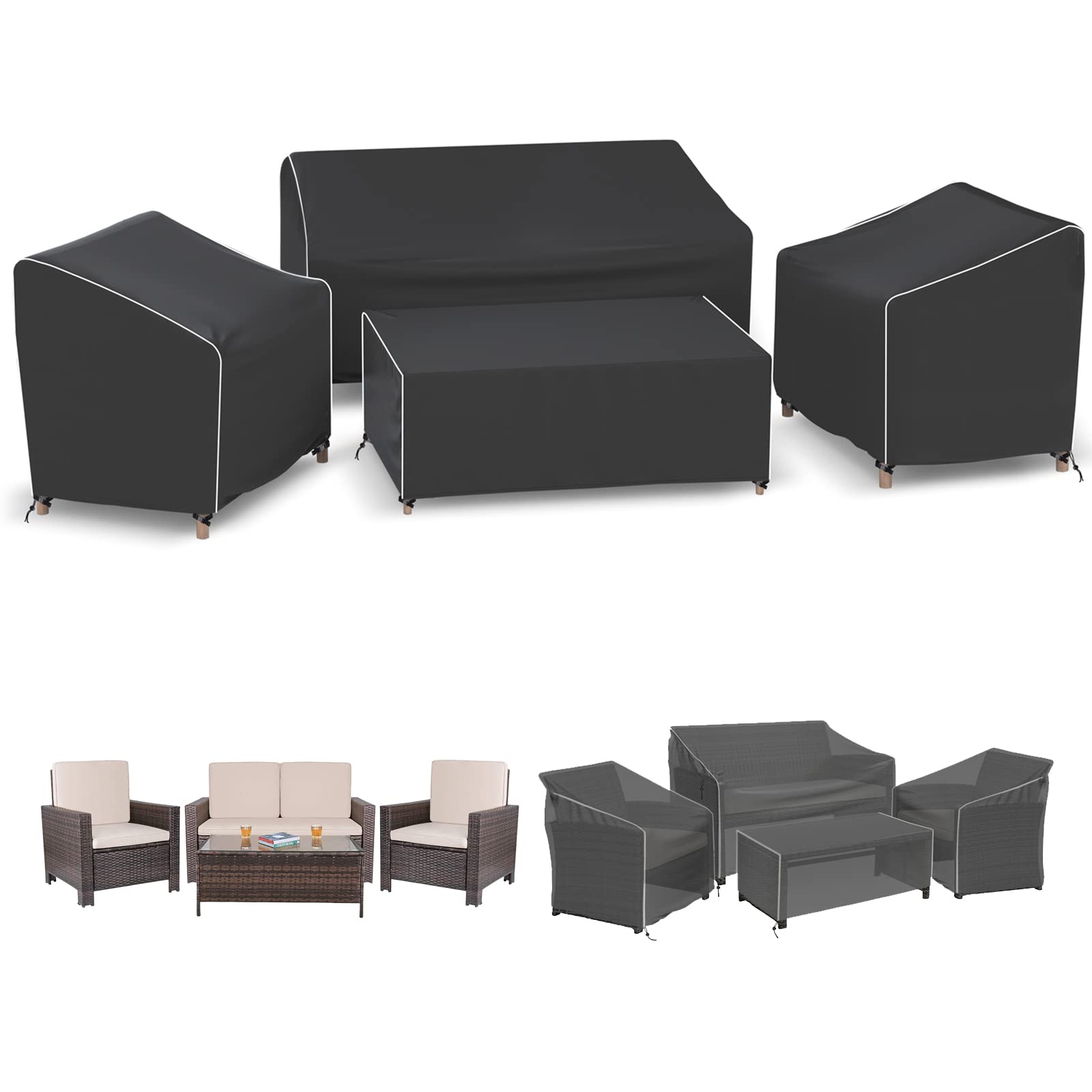 Gasadar 4-Piece Patio Furniture Covers Set, Waterproof Outdoor Furniture Set Covers For Outdoor Loveseat, Chair And Coffee Table