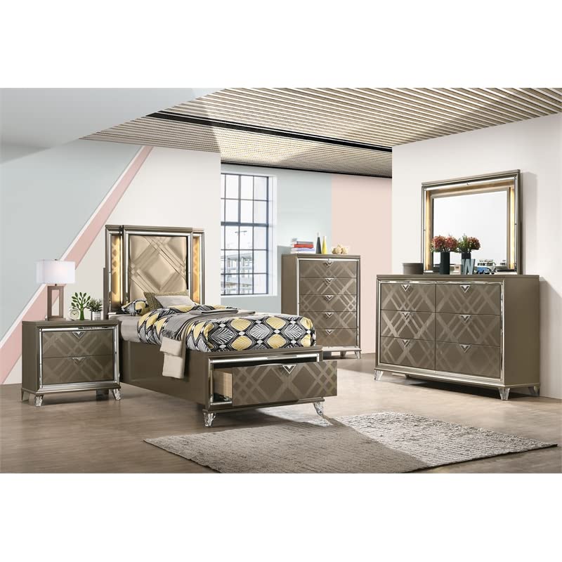 Acme Skylar Twin Faux Leather Storage Bed with LED in Dark Brown Champaign
