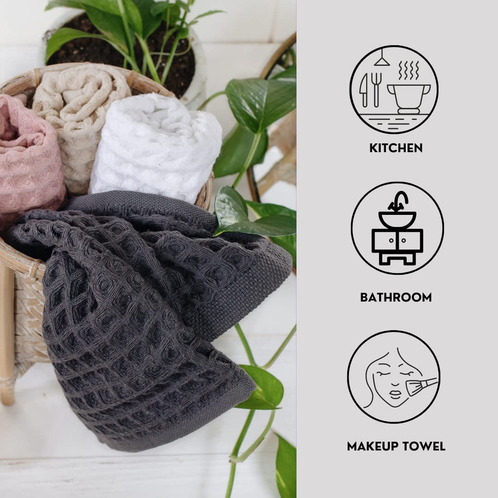 Sea Me At Home Waffle Washcloth Set, 100% Cotton (4 Pcs Washcloth 13X13 Inches, Charcoal)