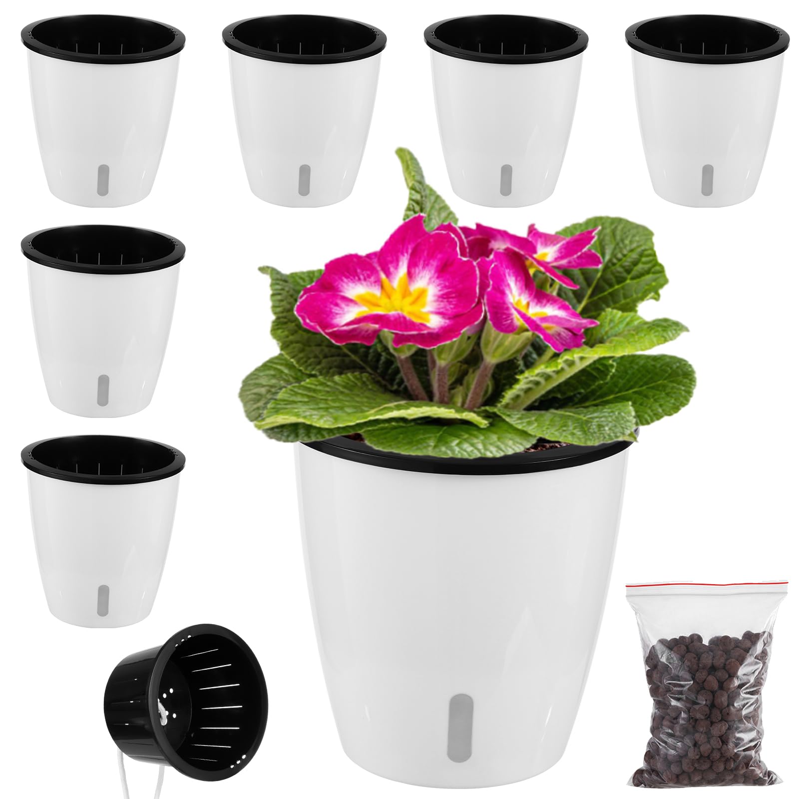 6 Pack-5 Inch White Self Watering Plant Pots For Indoor Plants With Water Indicator And Black Wick Pots, Small African Violet Po