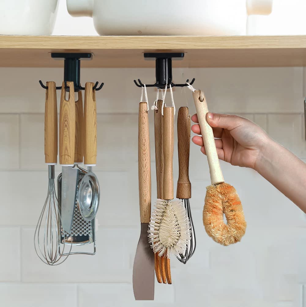 DEPAOTLUX 2pcs Under Cabinet Kitchen Utensils Hooks, 360 Rotation Utility Hooks,Under Cabinet Adhesive Kitchen Hanging Storage R