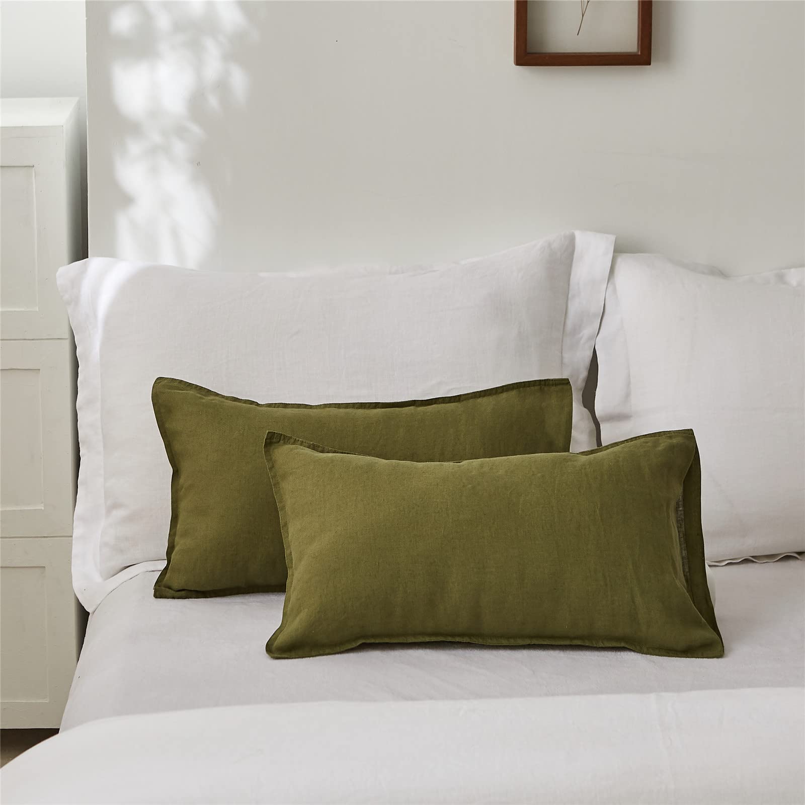 Simple&Opulence 100% Linen Lumbar Pillow Cover 12 X 20 Inches Set Of 2 Rectangular Decorative Throw Cushion Cover For Couch Sofa Bed Living Room Office Soft Breathable Farmhouse - Olive Green