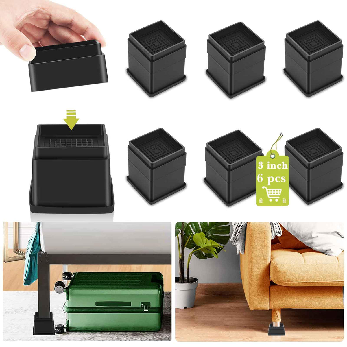 Yookwutar 6 Pack Furniture Risers 3 Inch, Adjustable Bed Risers Heavy Duty For Table Desk Couch Chair Sofa Cabinet Bed Frame Dor