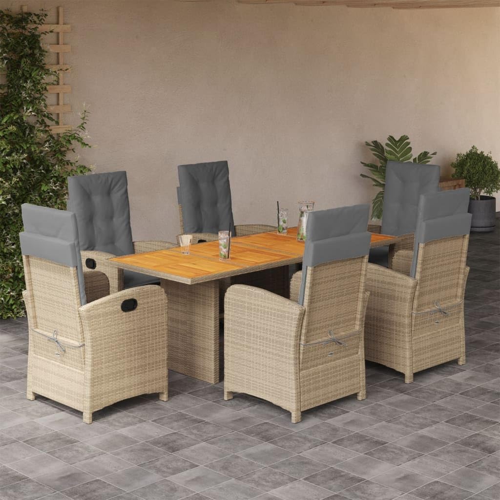 vidaXL 7-Piece Outdoor Dining Set - Gray Poly Rattan w/Navy Blue Cushions, Acacia Wood Top, Reclining Chairs for Garden/Patio