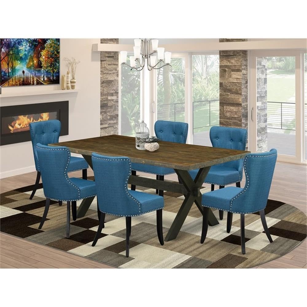 East West Furniture X677Si121-7 7 Piece Kitchen Table Set Consist Of A Rectangle Dining Table With X-Legs And 6 Blue Linen Fabric Parson Dining Room Chairs, 40X72 Inch, Multi-Color