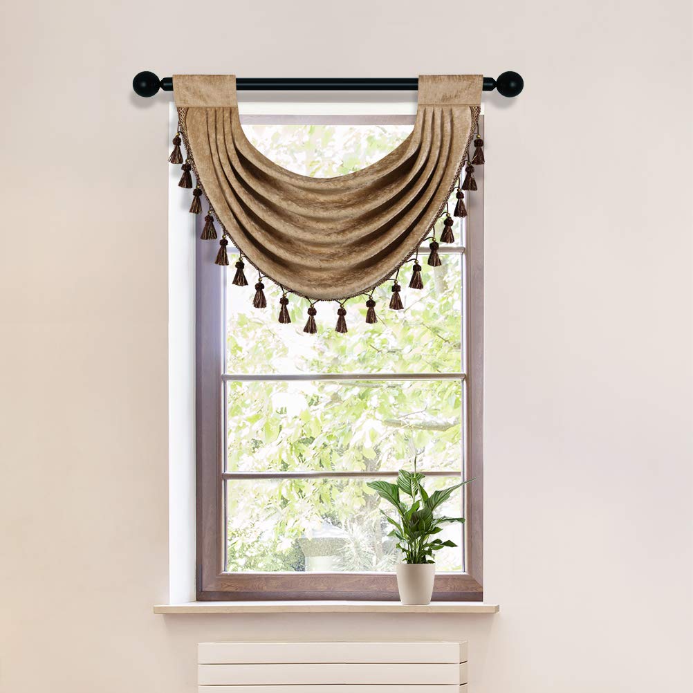 ELKCA Coffee Thick Chenille Waterfall Swag Valance for Living Room Kitchen Valance Curtains,Pack of 1(Coffee, 30 W x 22 L)
