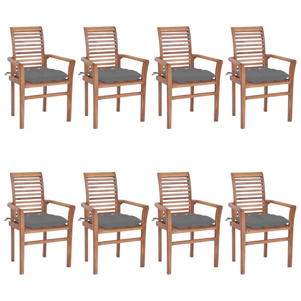 vidaXL 8-Piece Dining Chairs Set with Gray Cushions, Stackable Outdoor Patio Chairs, Solid Fine Sanded Teak Hard Wood Indoor Garden Furniture