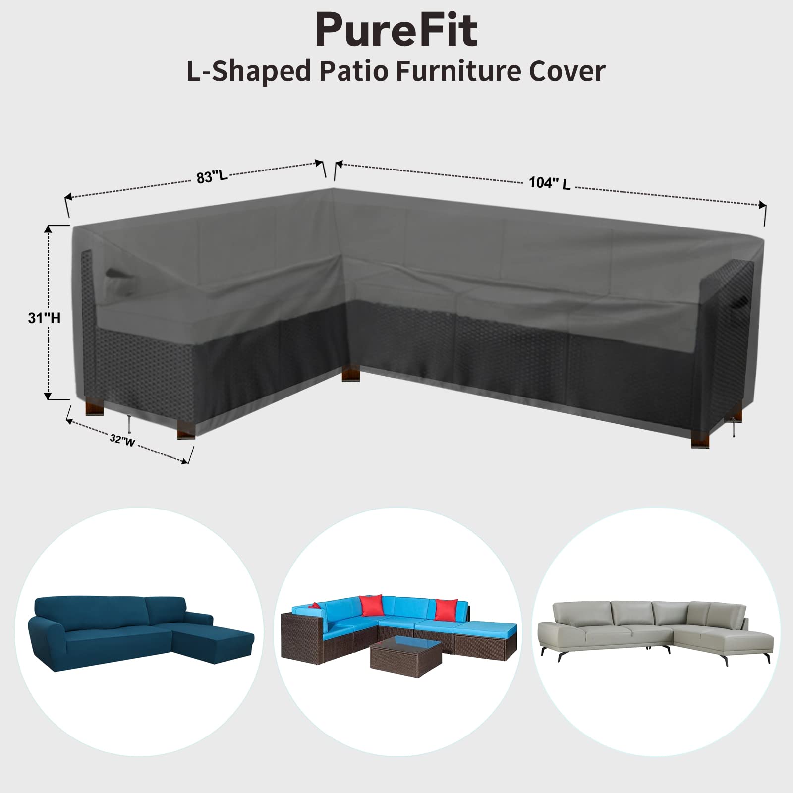 Purefit Outdoor Sectional Sofa Cover Waterproof L Shaped Patio Furniture Covers For Deck, Lawn And Backyard, 83”X104” Left Facing, Black