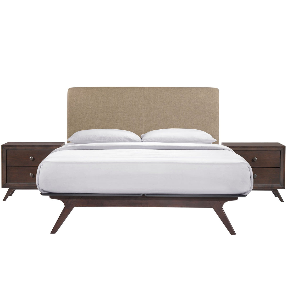 Modway Tracy Mid-Century Modern Wood Platform Queen Size Bed With Two Nightstands In Cappuccino Latte