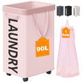Optish 90L Rolling Laundry Basket with Wheels, 29 IN Hamper with Wheels and Removable Mesh Bag, Pink Laundry Baskets on Wheels f
