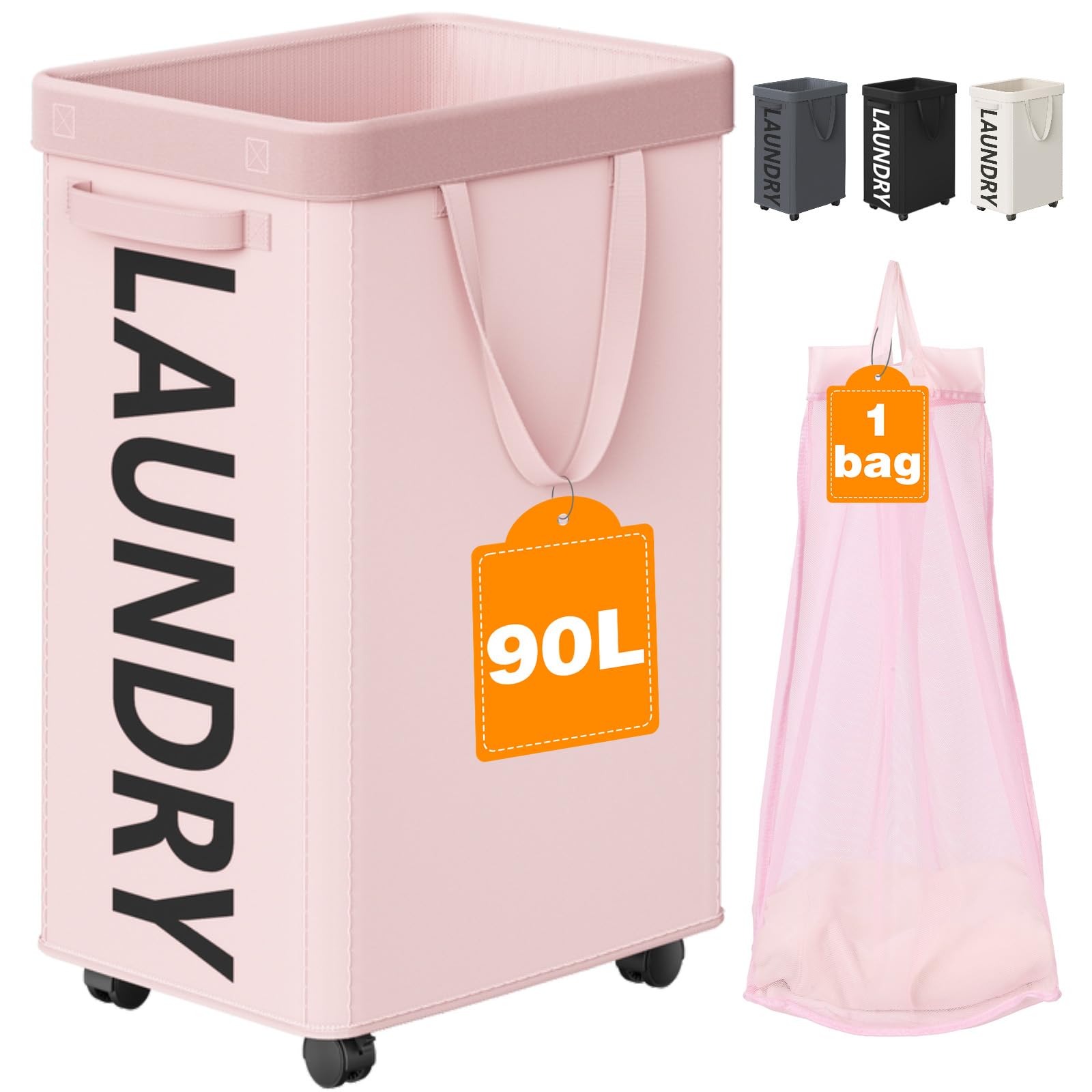 Optish 90L Rolling Laundry Basket with Wheels, 29 IN Hamper with Wheels and Removable Mesh Bag, Pink Laundry Baskets on Wheels f