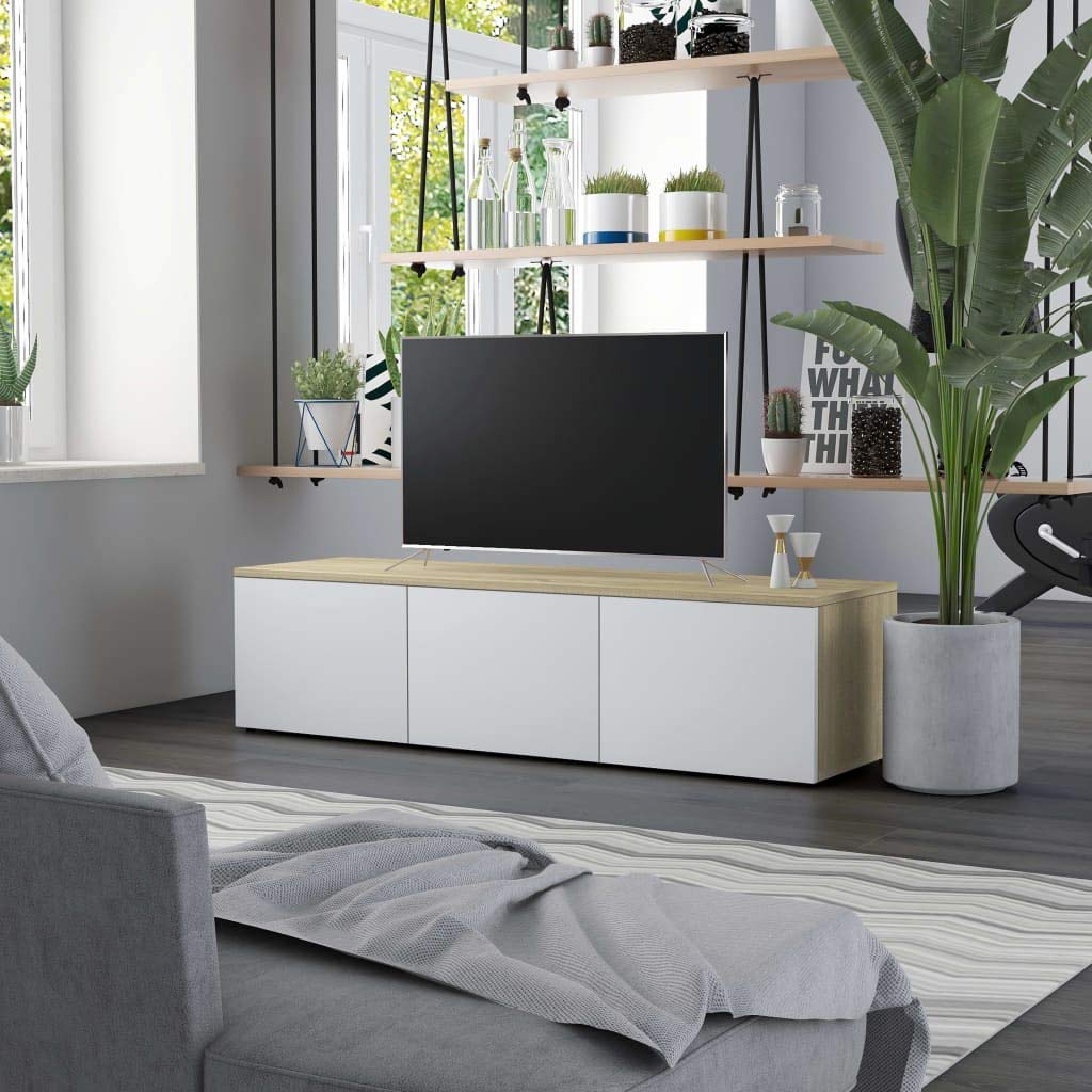 vidaXL TV Stand, TV Stand for Living Room, Sideboard with Storage, TV Console Media Unit Cupboard, Scandinavian, White and Oak Engineered Wood