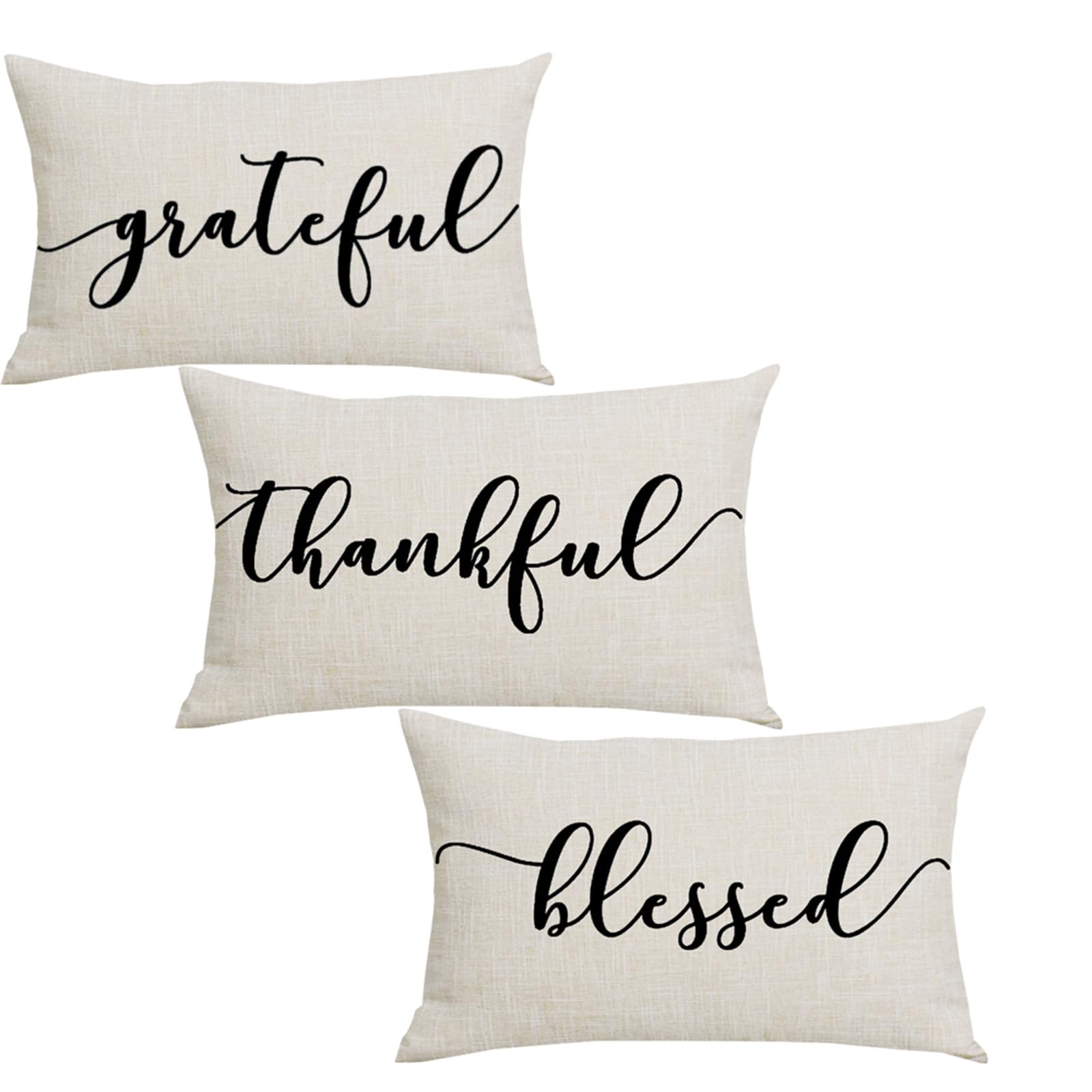 Wenianru Set Of 3 Black Word Art Grateful Thankful Blessed Thanksgiving Home Sofa Chair Bed Decoration Lumbar Pillowcase Cotton