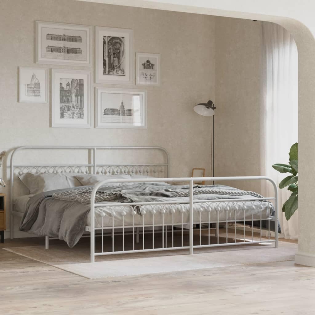 vidaXL King Metal Bed Frame with Headboard and Footboard - White Steel, 81.5"x78"x39.4", with Extra Storage Space