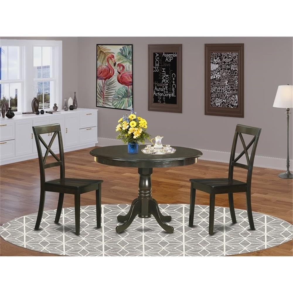 East West Furniture HLBO3-CAP-W 3 Piece Modern Dining Table Set Contains a Round Wooden Table with Pedestal and 2 Kitchen Dining Chairs, 42x42 Inch, Cappuccino