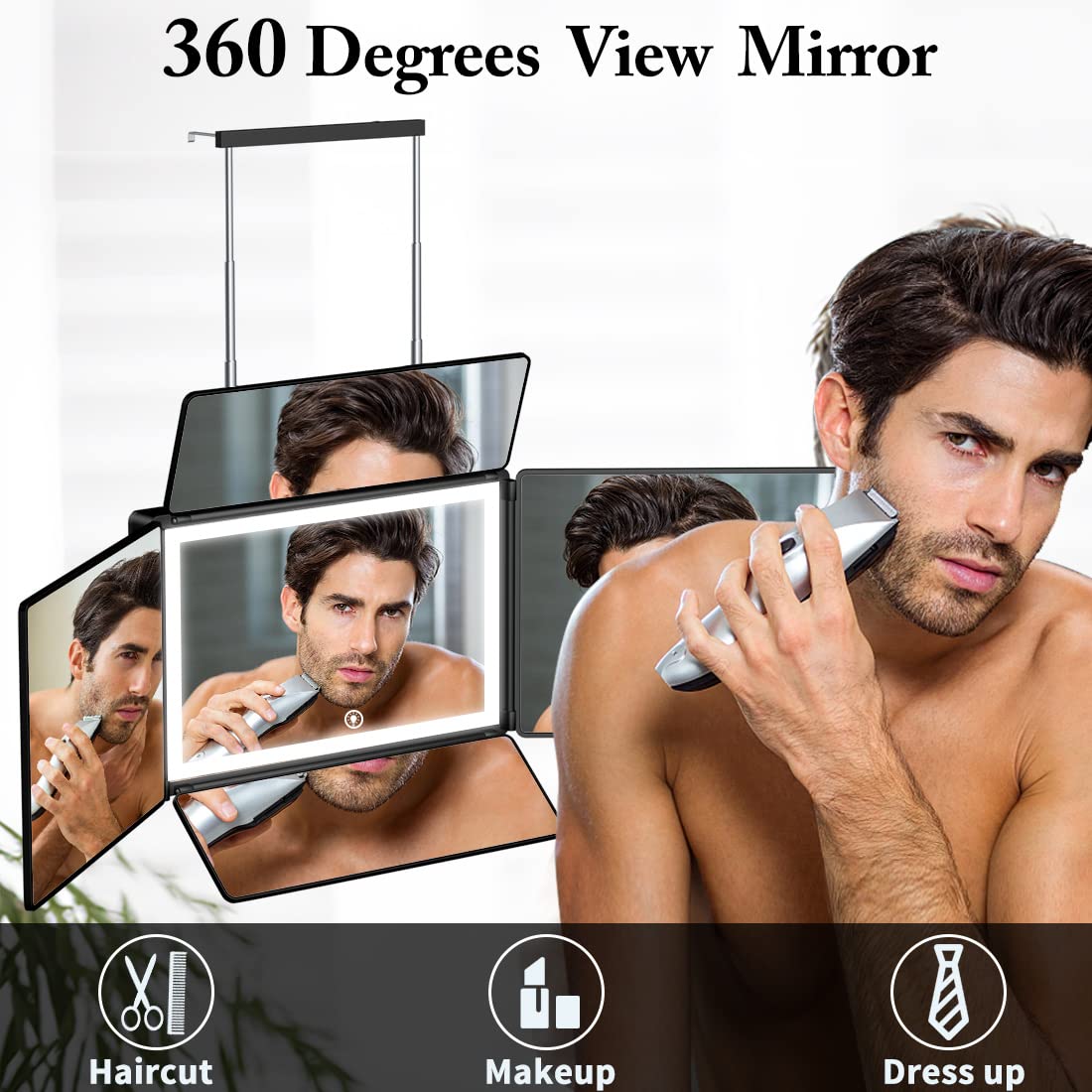 Uhdod 5 Way Mirror For Hair Cutting With Led Light, 360 Barber Mirrors With Adjustable Height Brackets, Makeup Mirror For Self C