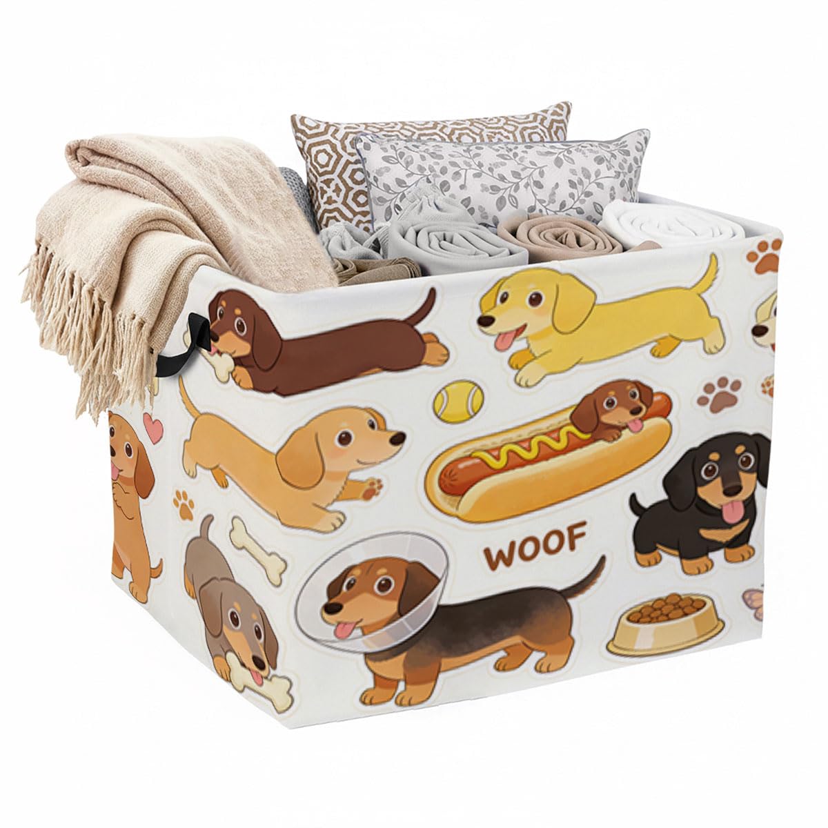 56L Cartoon Dachshund Foldable Square Laundry Hamper with Handles  Large Clothes, Blanket & Toy Storage Basket for Home Organiz