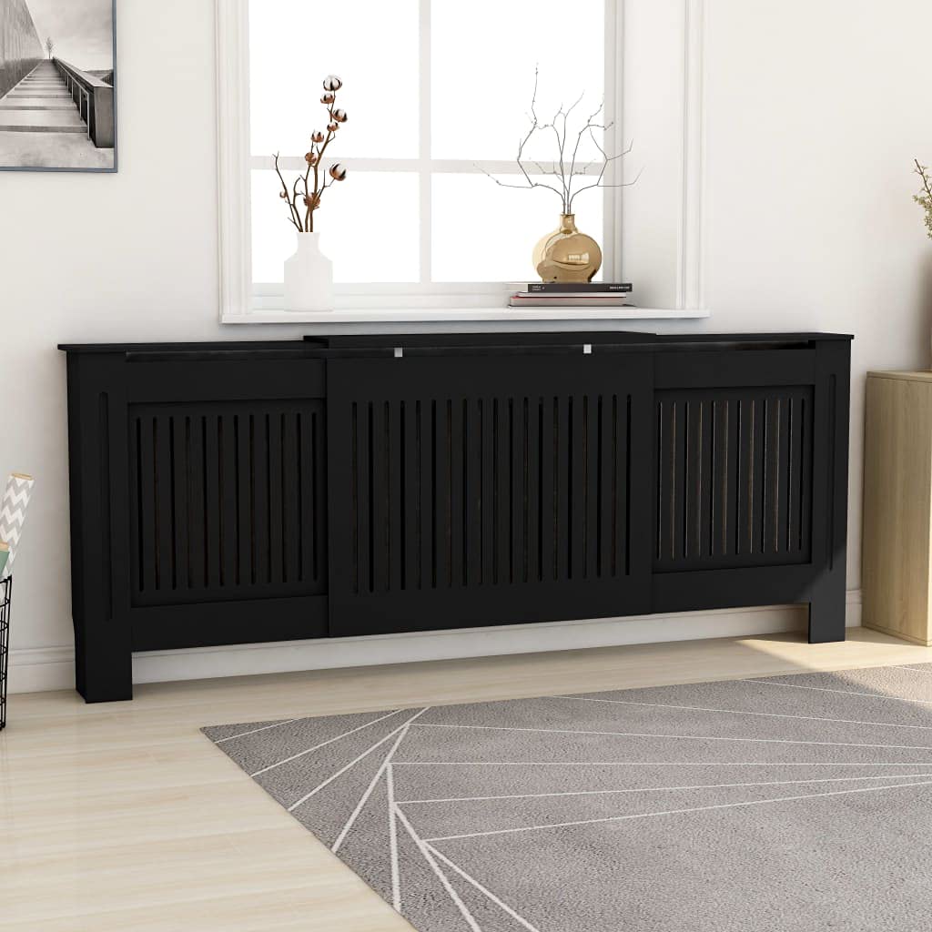 Vidaxl Mdf Radiator Cover - Adjustable Size, Stylish & Durable, Slat Design, Ample Storage Space, Black, Suitable For Any Decor, 55.9"-80.7" X 8.1" X 32.1"