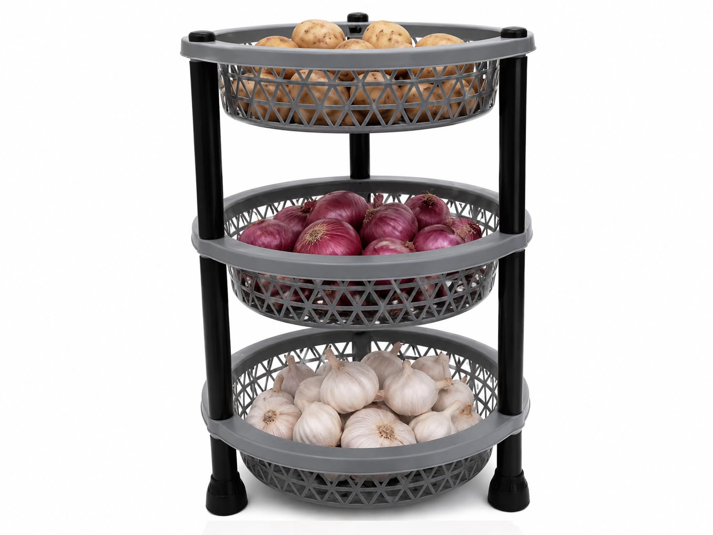 3 Layer Round Plastic Storage Rack Trolley For Vegetables And Fruits, Multipurpose Kitchen Organiser Stand, Random Colour
