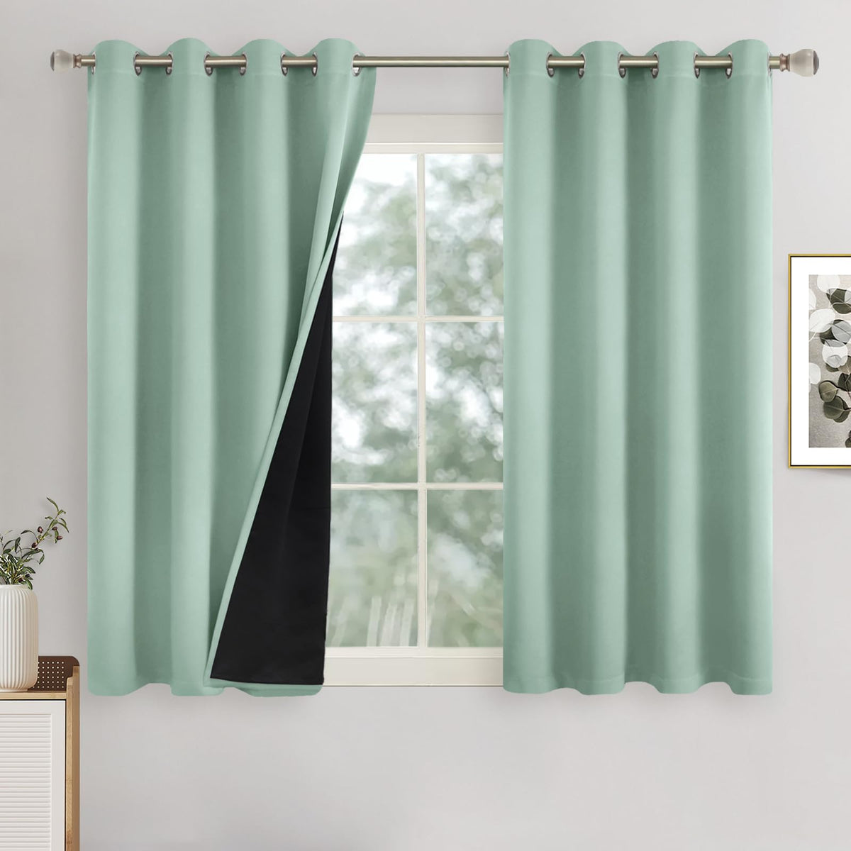 Quemas Frosty Green Blackout Curtains For Bedroom 54 Inch Length 2 Panels, Thermal Insulated 100% Light Blocking Soundproof Grom