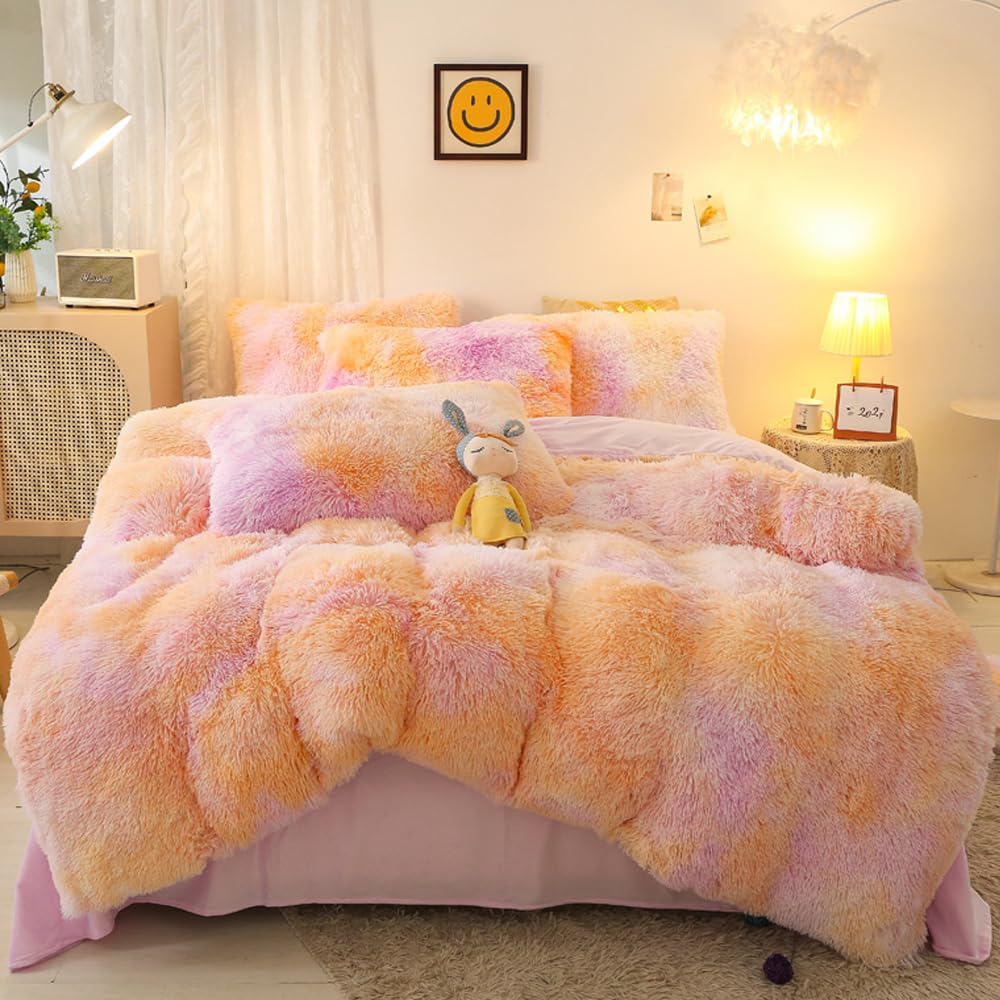 Sucses Faux Fur Twin Bedding Sets For Girls, 2 Pcs Fluffy Furry Duvet Cover Set, Plush Shaggy Tie Dye Teen Girl Bed Set, Colorfu