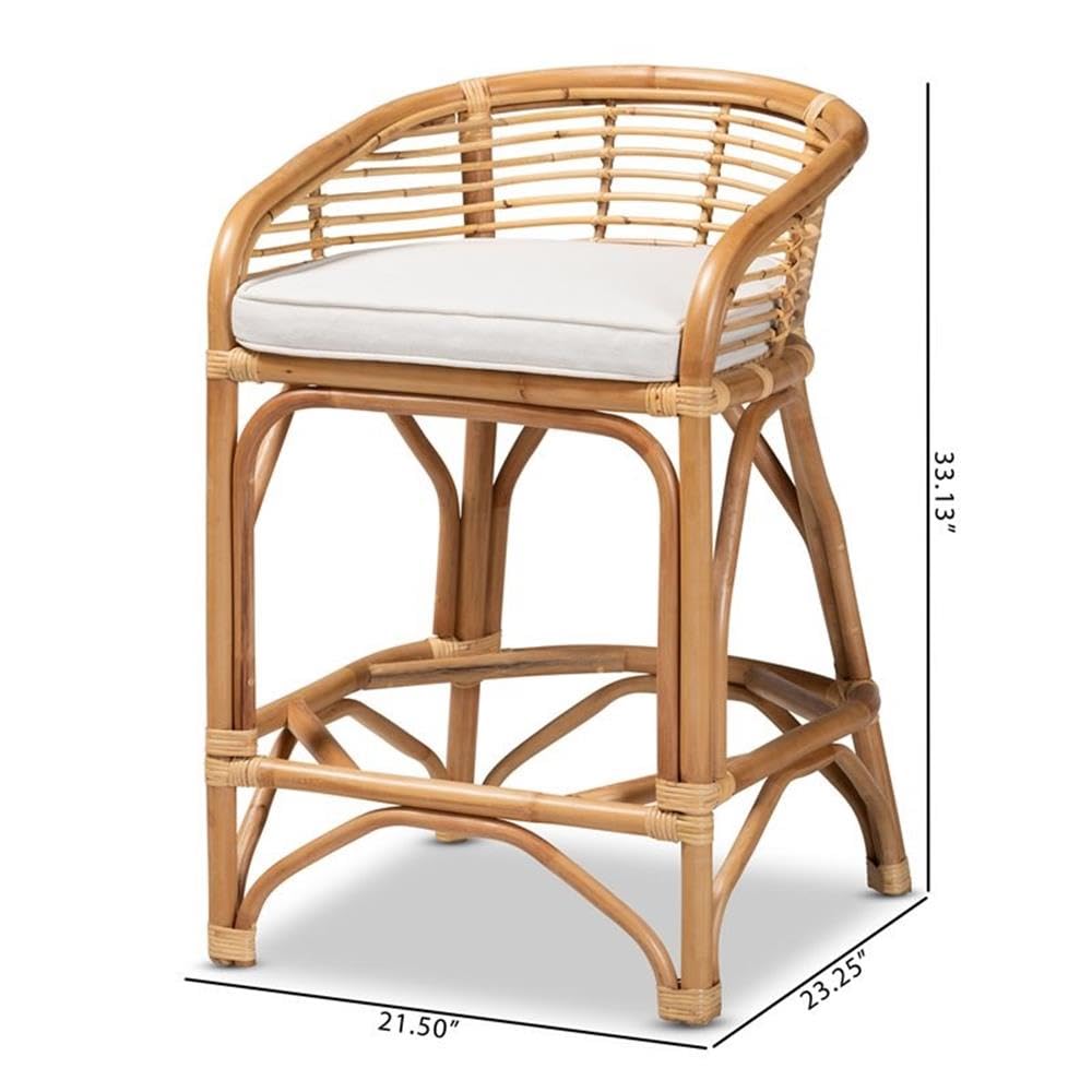 Baxton Studio Maverick Modern Bohemian White Fabric Upholstered and Natural Brown Rattan Counter Stool