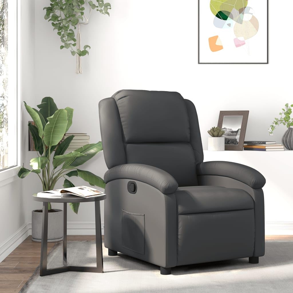 vidaXL Recliner Chair Gray Real Leather Reclining Armchair - Manual Adjustable Footrest & Backrest Recliner with Side Pocket for Living Room/Office
