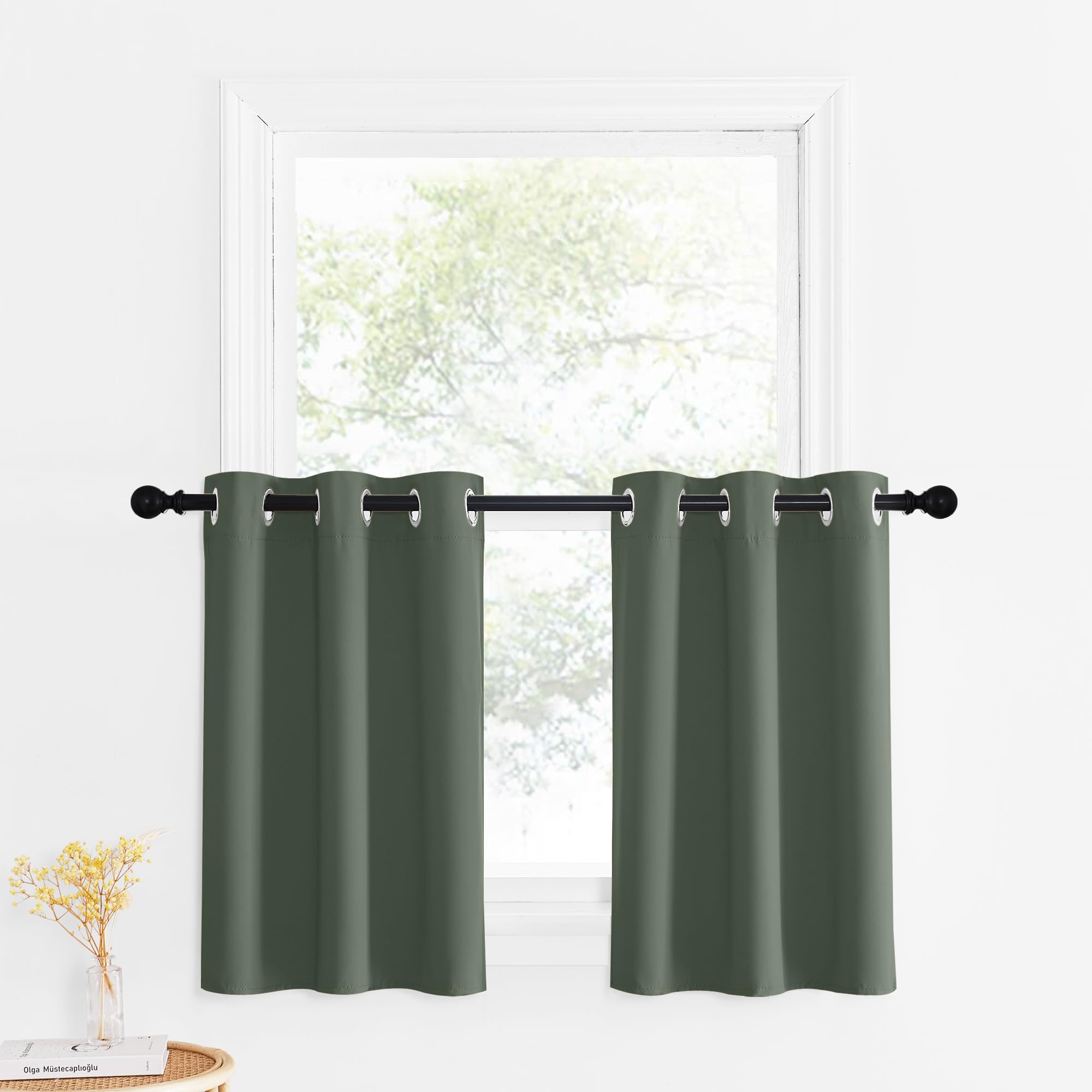 Nicetown 30 Inch Length Curtains - 2 Panels Blackout Thermal Insulating Small Half Curtain Tiers For Bathroom Kitchen With Top Grommet (Dsrk Mallard, 34 Inch Width X 30 Inch Length)