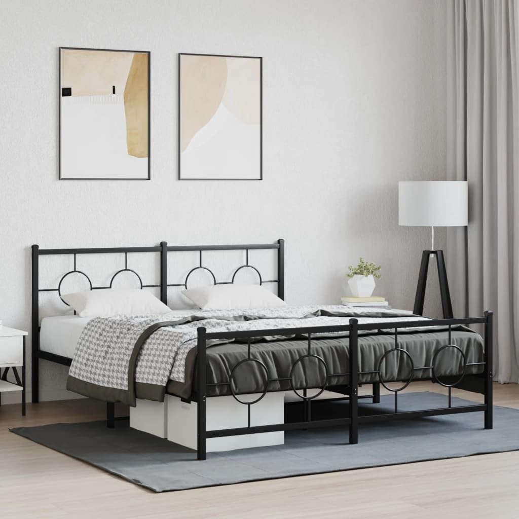 vidaXL Black Steel Metal Bed Frame-Double Bed with Headboard/Footboard for Bedroom-59.1"x78.7" Supportive Slats