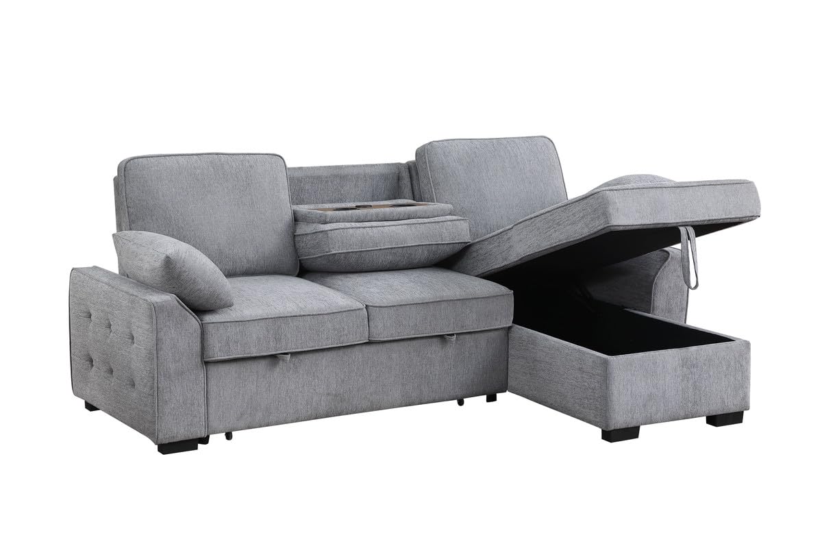 Mackenzie 91W Light Gray Chenille Fabric Reversible Sleeper Sectional with Storage Chaise, Drop-Down Table, Cup Holders and Char
