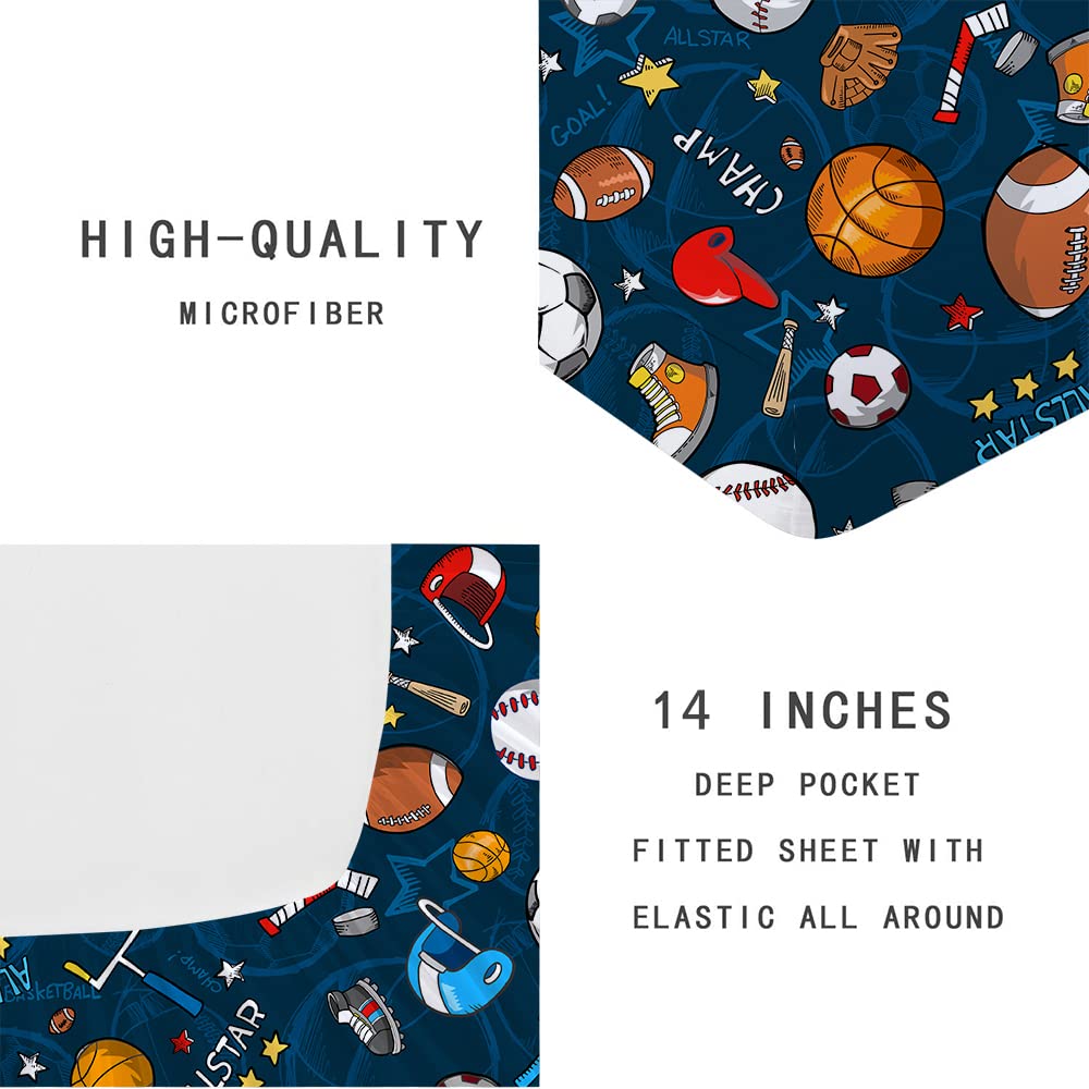 Gusuhome Boys Sports Fitted Sheet Full/Queen Size 3D Soccer Basketball Baseball Football Bedding For Kids Teens Bedroom Comfy De