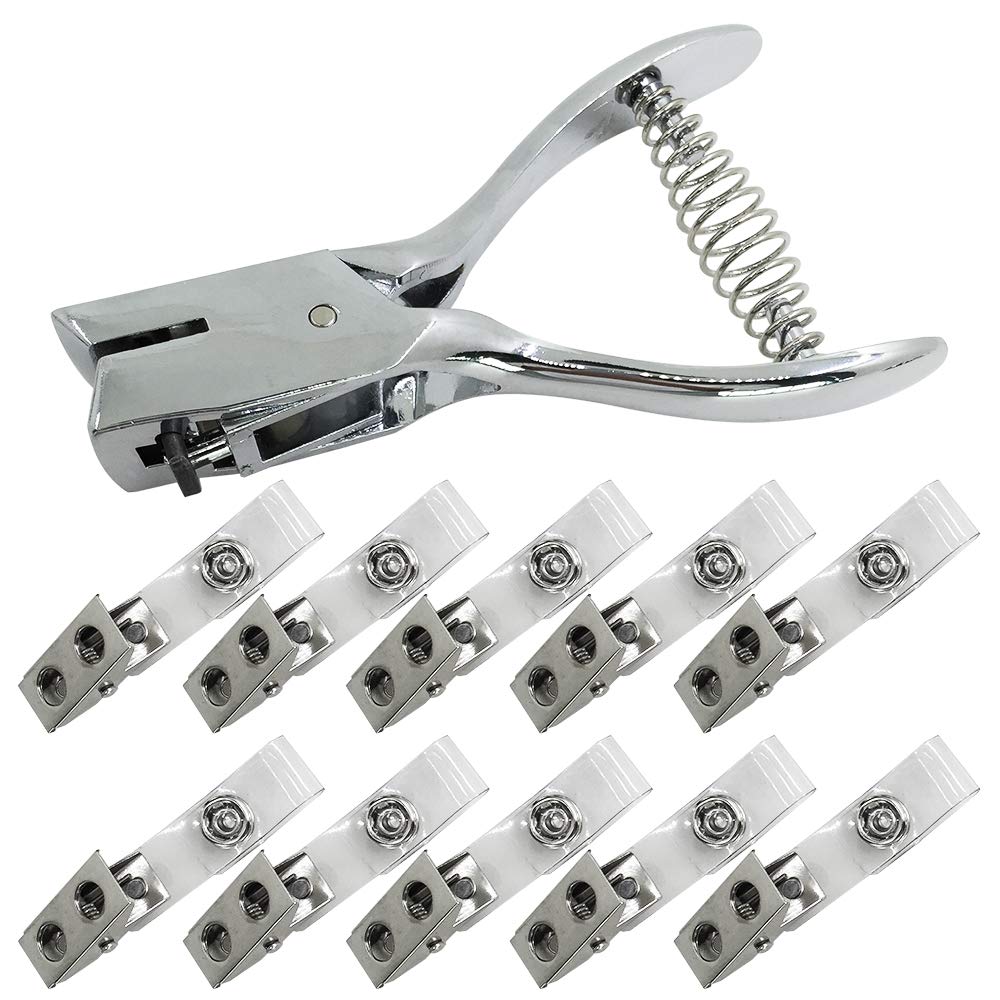 Slot Punch & 10 Pcs Metal Badge Clips With Pvc Straps, Senhai Badge Hole Punch Plier Puncher Tool For Pvc Id Card Holders Hand H