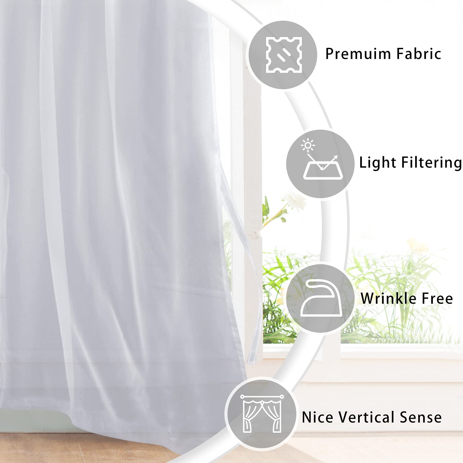 Hiasan Sheer Curtains 96 Inches Long With Tiebacks, Light Filtering Breathable Voile Drape Lightweight Grommet Window Curtains For Bedroom, Patio Door, Living Room, Grey, W42 X L96, Set Of 2 Panels